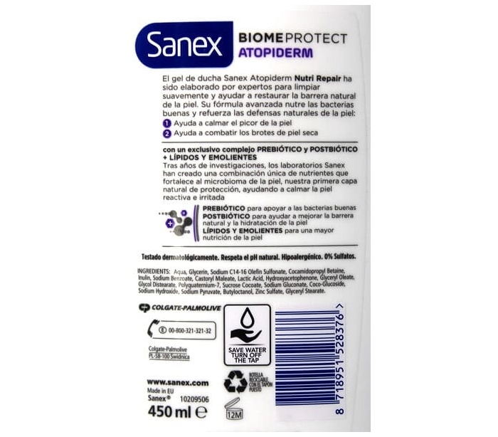 GEL DE BA O BIOME PROTECT ATOPIDERM SANEX 450 ML 