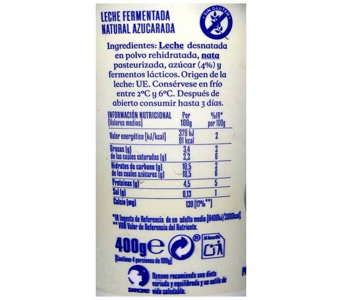 YOGUR CREMOSO NATURAL AZUCARADO DANONE 400 GR.