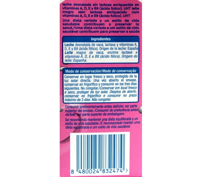 leche semidesnatada Sin Lactosa enriquecida con vitaminas A, D, E y B9