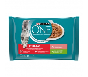 comida-gatos-esterilizados-salmon-pavo-purina-one-pack-4x85-grs