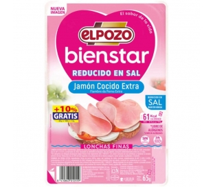 JAMÓN COCIDO EXTRA REDUCIDO EN SAL EL POZO 65 GR+10%GRATIS.LONCHAS