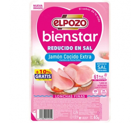 JAMÓN COCIDO EXTRA REDUCIDO EN SAL EL POZO 65 GR+10%GRATIS.LONCHAS