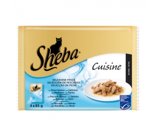 COMIDA GATO SALMÓN,BACALAO Y ATÚN SHEBA PACK 4X85 GR.
