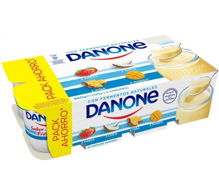 DANONe yogur sabores macedonia fresa coco frutas del bosque 120 g contiene  8 unidades