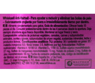 COMIDA GATOS ANTI-HAIRBALL WHISKAS 60 GR.