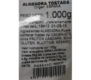 FRUTOS SECOS ALMENDRA TOSTADA SIN SAL CASA RICARDO 1000 GRS.