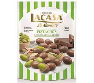 PISTACHO TOSTADO RECUBIERTO CHOCOLATE CON LECHE LACASA 100 GRS.