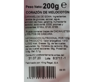 GOLOSINAS DE GOMA CORAZON DE MELOCOTON TAMARINDO 200 GRS.