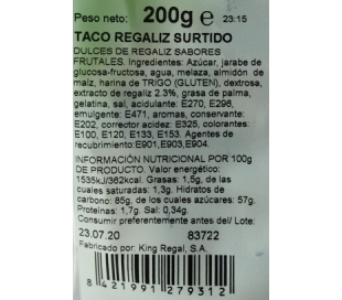 GOLOSINAS TACO REGALIZ SURTIDO TAMARINDO 200 GRS.