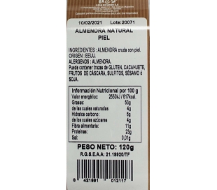 ALMENDRAS CRUDAS C/PIEL TARRIN CASA RICARDO 120 GR.