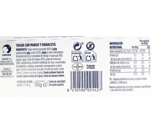 YOGUR OIKOS CON MANGO Y MARACUYA DANONE PACK 2X110 GRS.