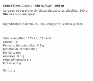 Corn Flakes Classic - Sin Azúcar 300 gr - Esgir