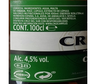 CERVEZA LAGER, BOTELLA CRUZ DEL SUR 1 L.