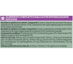 COMIDA GATO ESTERILIZADOS POLLO, SALMON ULTIMA PACK 4X85 GR.