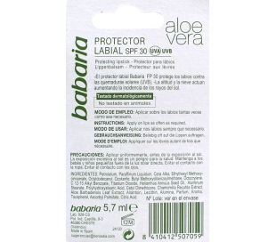 PROTECTOR LABIAL ALOE VERA SPF 30 BABARIA 5.7 ML.