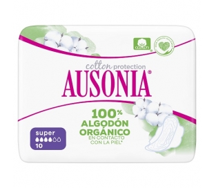 COMPRESA 100% ALGODON ORGANICO SUPER ALAS AUSONIA 10 UN.