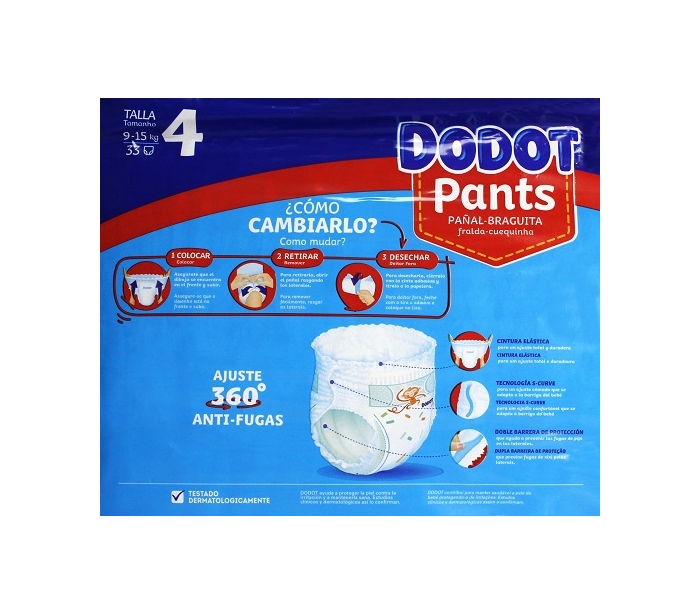 PAÑAL-BRAGUITA PANTS 9-15 KG. TALLA 4 DODOT 33 UN.