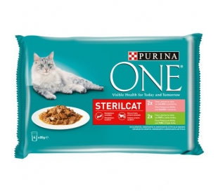 comida-gatos-esterilizados-salmon-pavo-purina-one-pack-4x85-grs