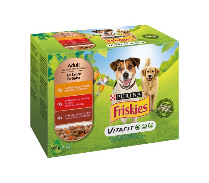 Panda para mi Amargura COMIDA PERRO EN SALSA POLLO,CORDERO Y BUEY FRISKIES PACK 12X100 GRS.