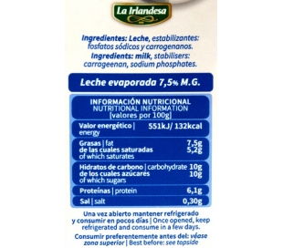 LECHE EVAPORADA 7,5% M.G. BRIK LA IRLANDESA 340 GRS.